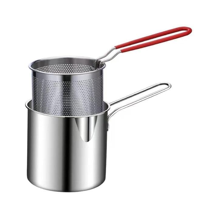 Sellerfoster Small Deep Frying Pot With Basket 1200Ml Stainless Steel Fryer Pot With Long Handle Mini Deep Oil Fryer For French Fries/Shrimp/Fish/Chicken Wings/Boiling Butter/Sauce/Gravies/Pasta (Silver)
