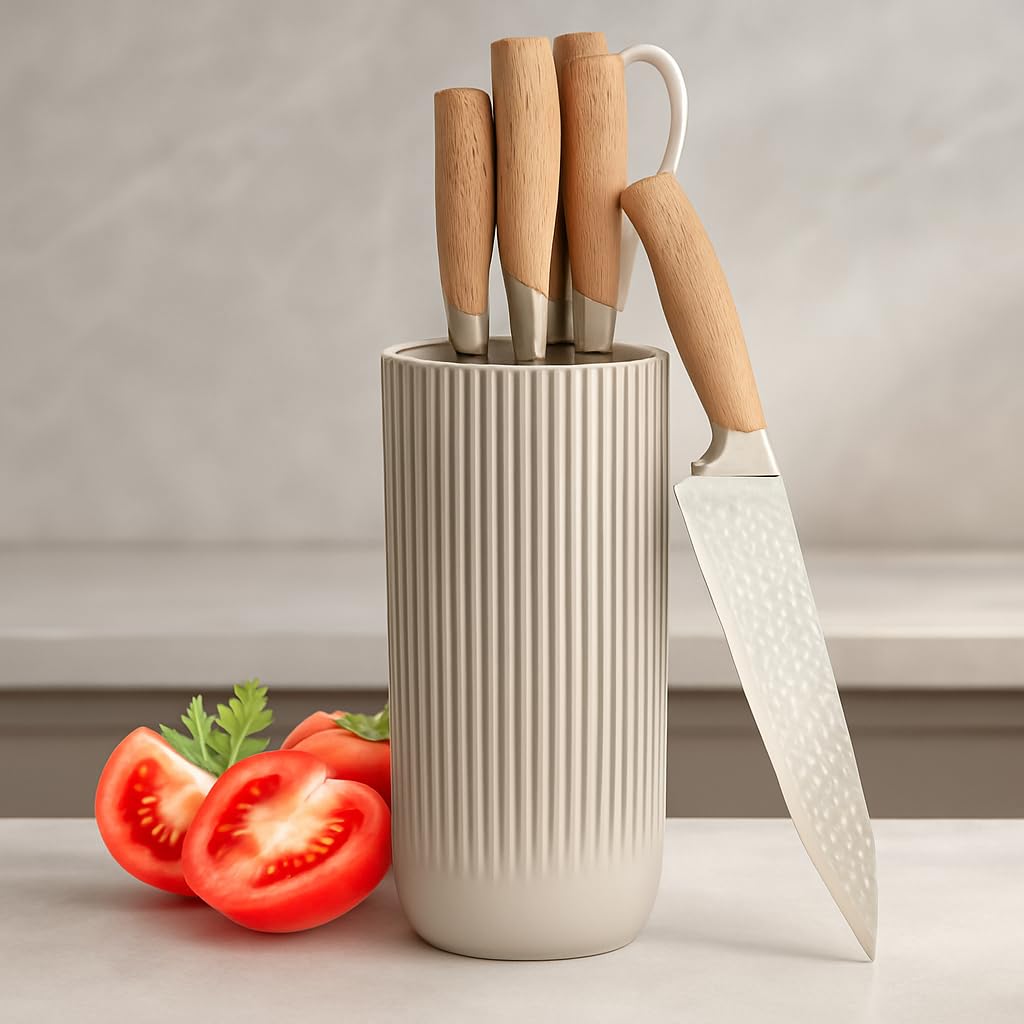 Sellerfoster 6-Piece Kitchen Knife Set with Block ? Razor-Sharp German Stainless Steel Knives ? Chef, Bread, Vegetable, Tomato Knife ? Lightweight, Durable & Dishwasher Safe