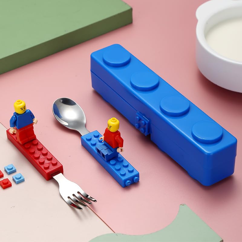 Sellerfoster Building Blocks Theme Baby Feeding Stainless Steel Spoon & Fork Set for Kids Tableware Cutlery Suitable for Kids Picnic School Lunch Box
