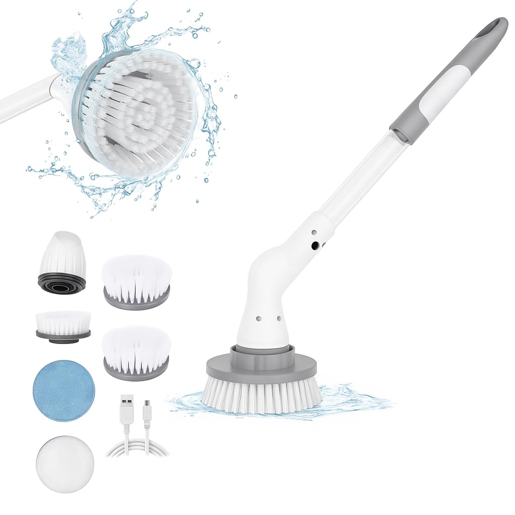 Sellerfoster Plastic Electric Spin Scrubber for Cleaning, Electric Mop with 5 in 1 Replaceable Brush Heads, Power Scrubber for Shower, Bathroom, Car, Floor Cleaning