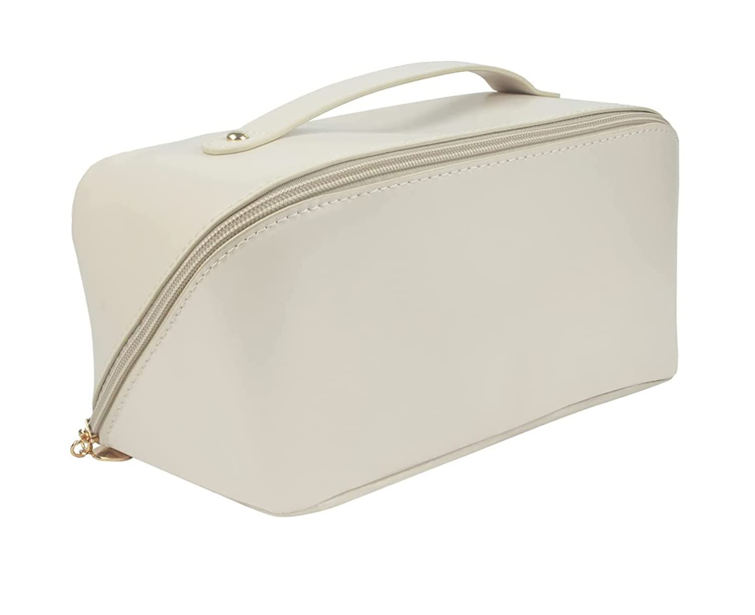 Sellerfoster Large Capacity Leather Cosmetic Pouch Travel Make up Bags for Home & Travel Toiletry Bag for Cosmetics, Brushes, Accessories with Handle and Divider - White