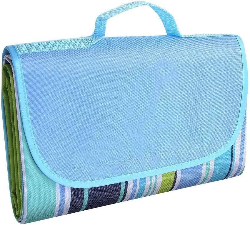 Sellerfoster Picnic Blanket | Beach Picnic mat for Indoor & Outdoor, 80" x 57" Sandproof Waterproof Larger Mat for Travel, Camping, Hiking, Park Grass,Handy Mat Tote, Foldable (Blue Line, Fabric)