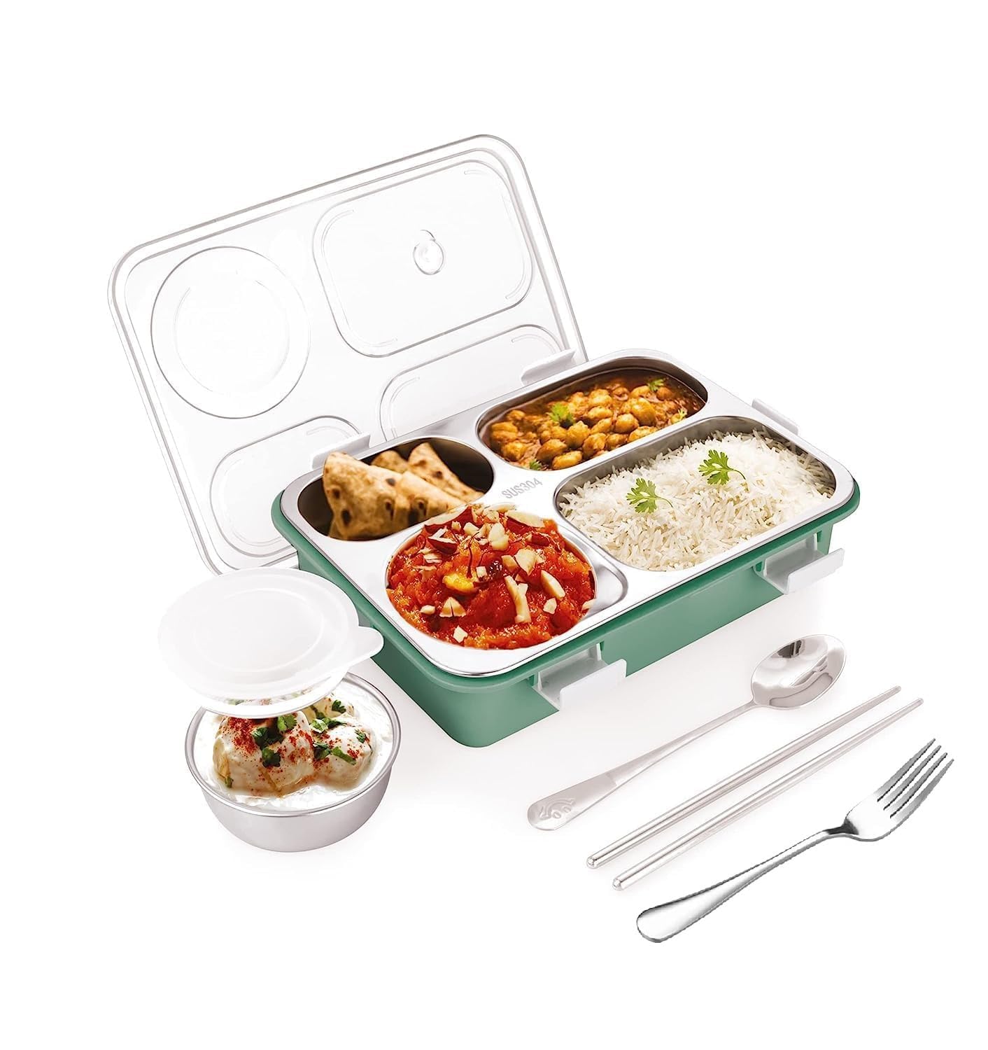 Sellerfoster Lunch Boxes for Adults - Lunch Box for Kids with Spoon & Fork - Durable Perfect Size for On-The-Go Meal, BPA-Free and Food 4 Compartment Stainless Steel (4 Compartment, Green)