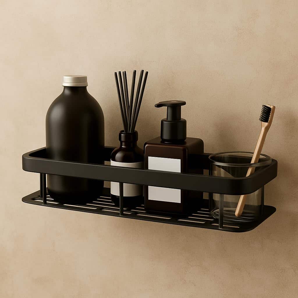 Sellerfoster Wall-Mounted Stainless Steel Shelf with Towel Holder & Hooks ? Chrome Finish Bathroom Organizer for Home & Hotel Use (Black 1 pcs)