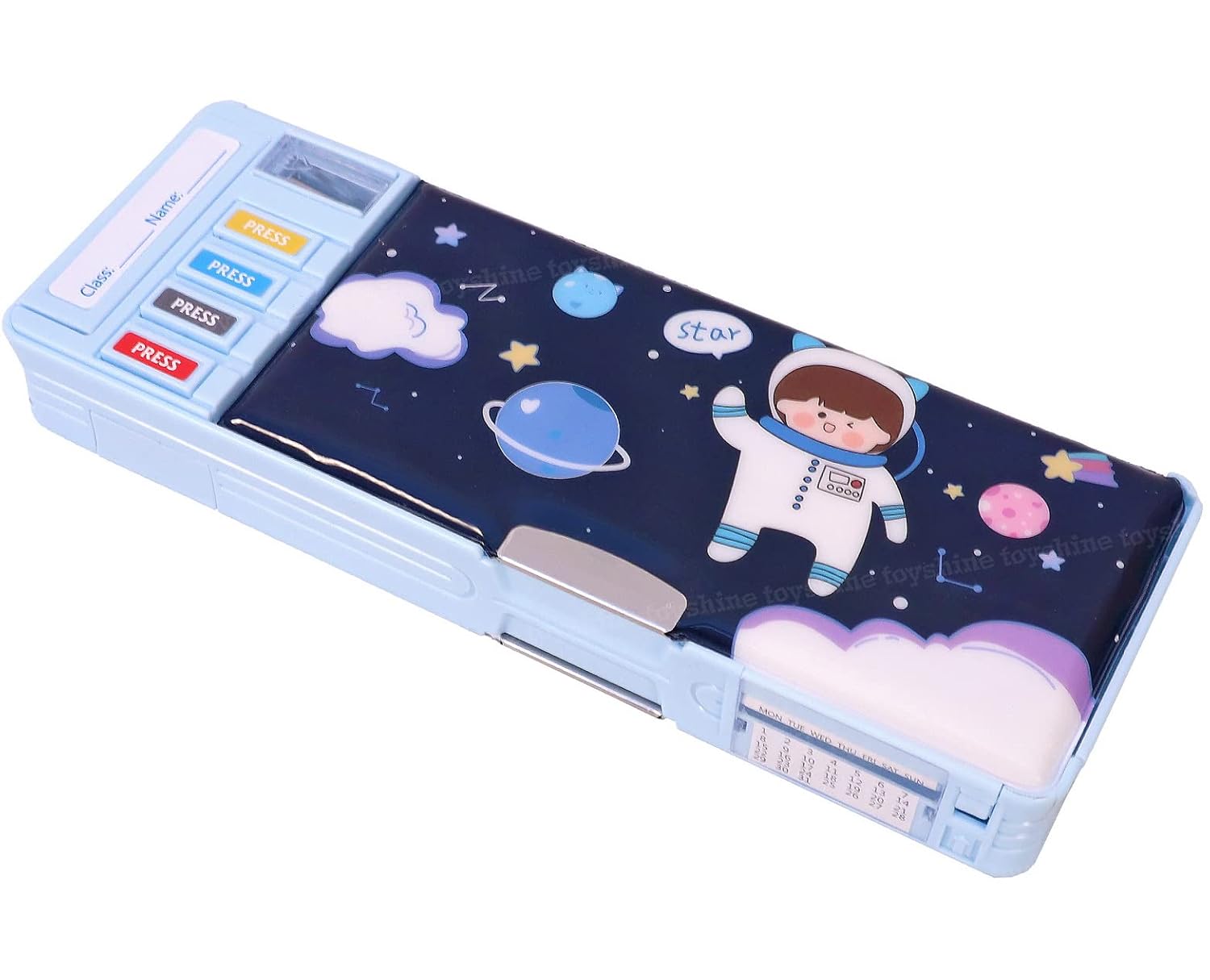 Sellerfoster Multi Compartment Button Operated Space Pencil Box, With Pen Stand In-Built, Push Button Enabled Storages And Sharpener For Kids - Blue - Plastic