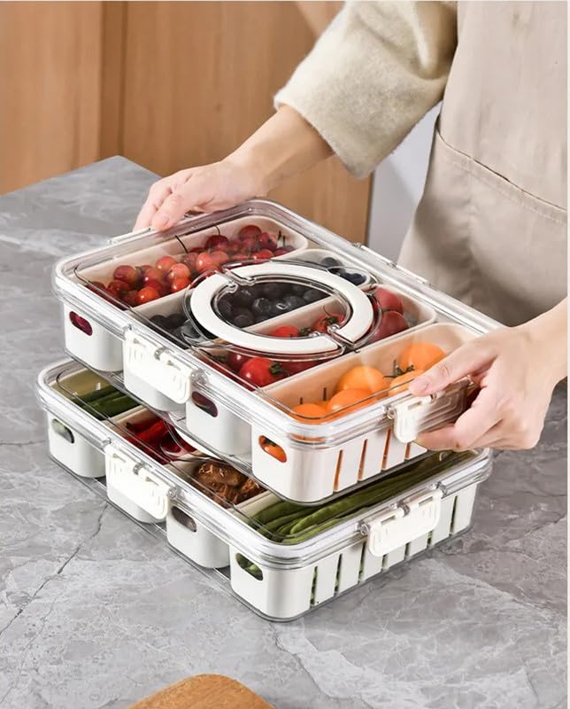 Sellerfoster 4 Compartment Snacks Box Divided Serving Tray Fresh-Keeping Box with Lid & Handle, Fridge Storage Boxes - Kitchen Accessories Items, Portable Snack Platter, Kitchen Containers Set