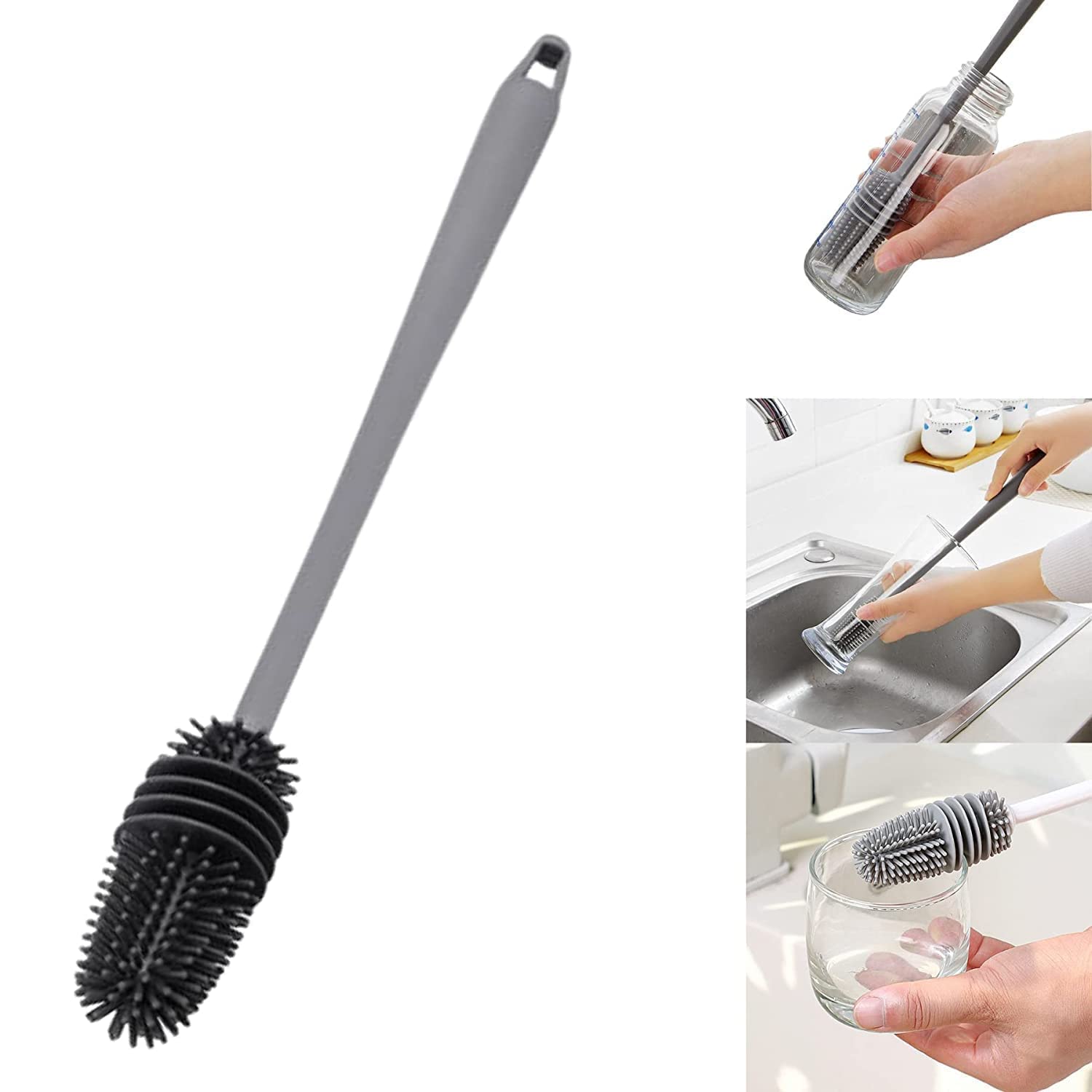 Sellerfoster Bottle Cleaning Brush with Long Handle ? Multipurpose Deep Cleaning Brush for Water Bottles, Flasks, Jars & Baby Bottles | Durable Bristles | Grey