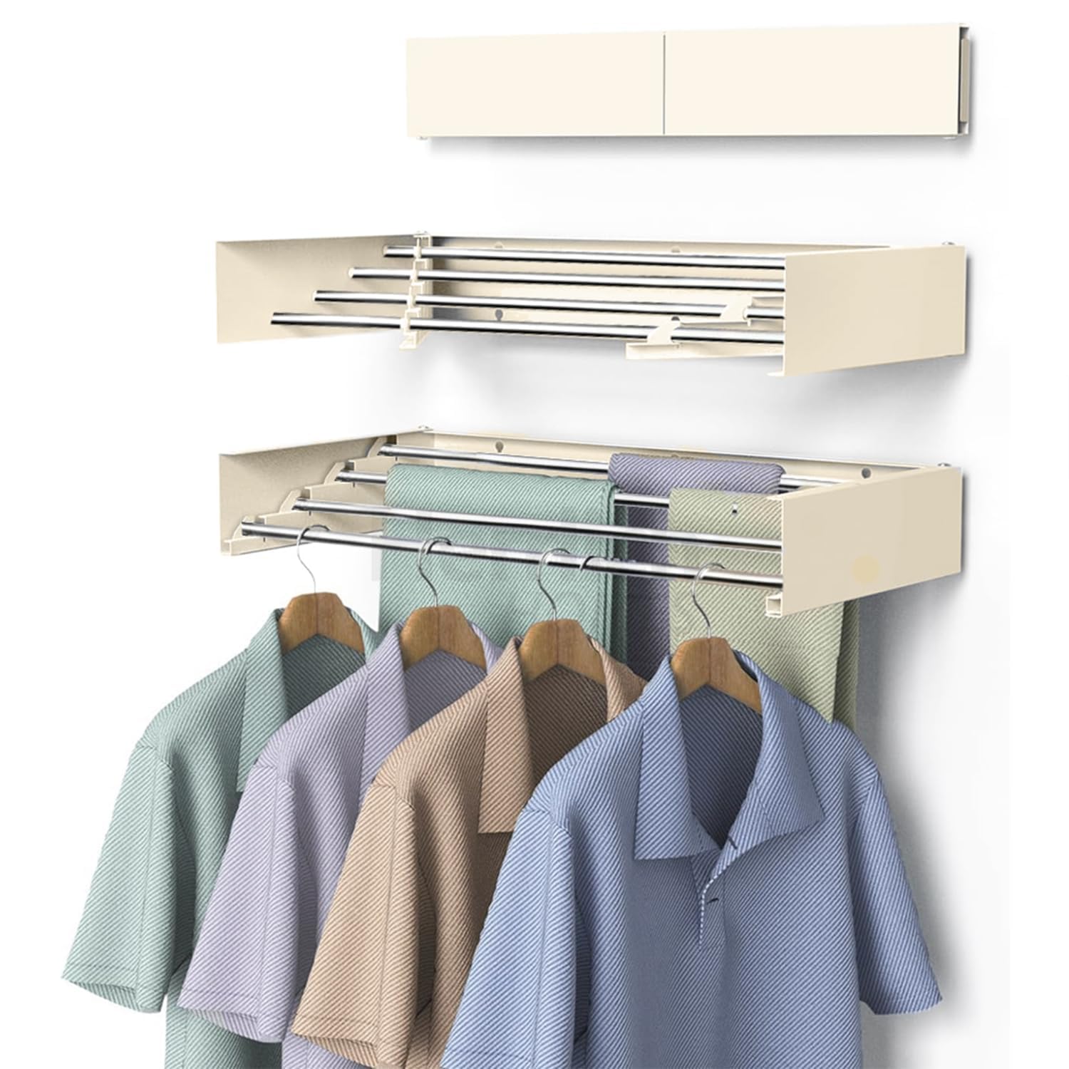 Sellerfoster Wall Mounted Clothes Drying Rack ? 32 Inch Foldable Indoor Laundry Hanger with 5 Stainless Steel Rods, Space-Saving Collapsible Wall Rack with Installation Template ? White