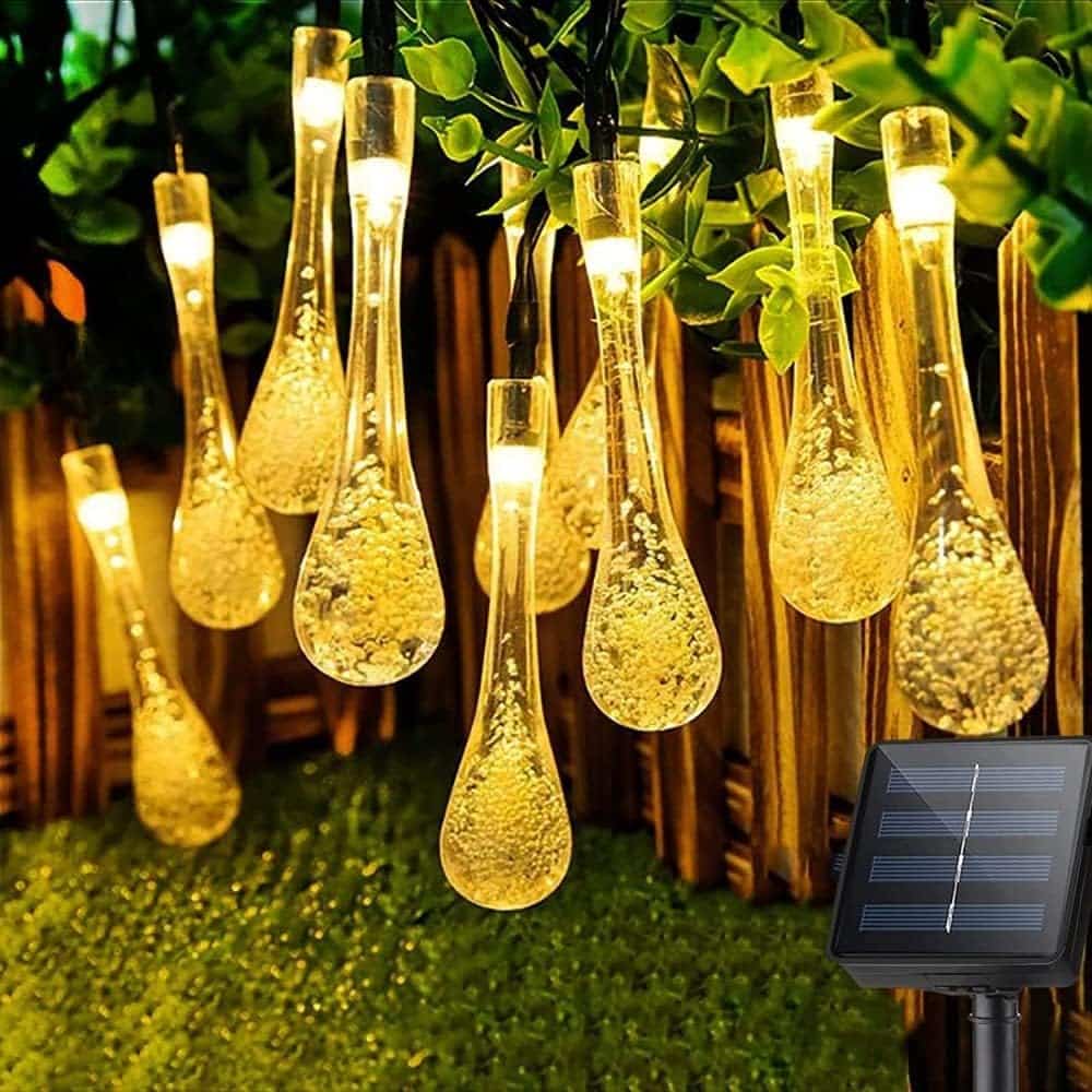 Sellerfoster Solar LED String Light, Solar Powered Waterdrop Fairy Lights Waterproof Outdoor String Light for Passageways Gardens Porch Yards Decoration with 30 Light