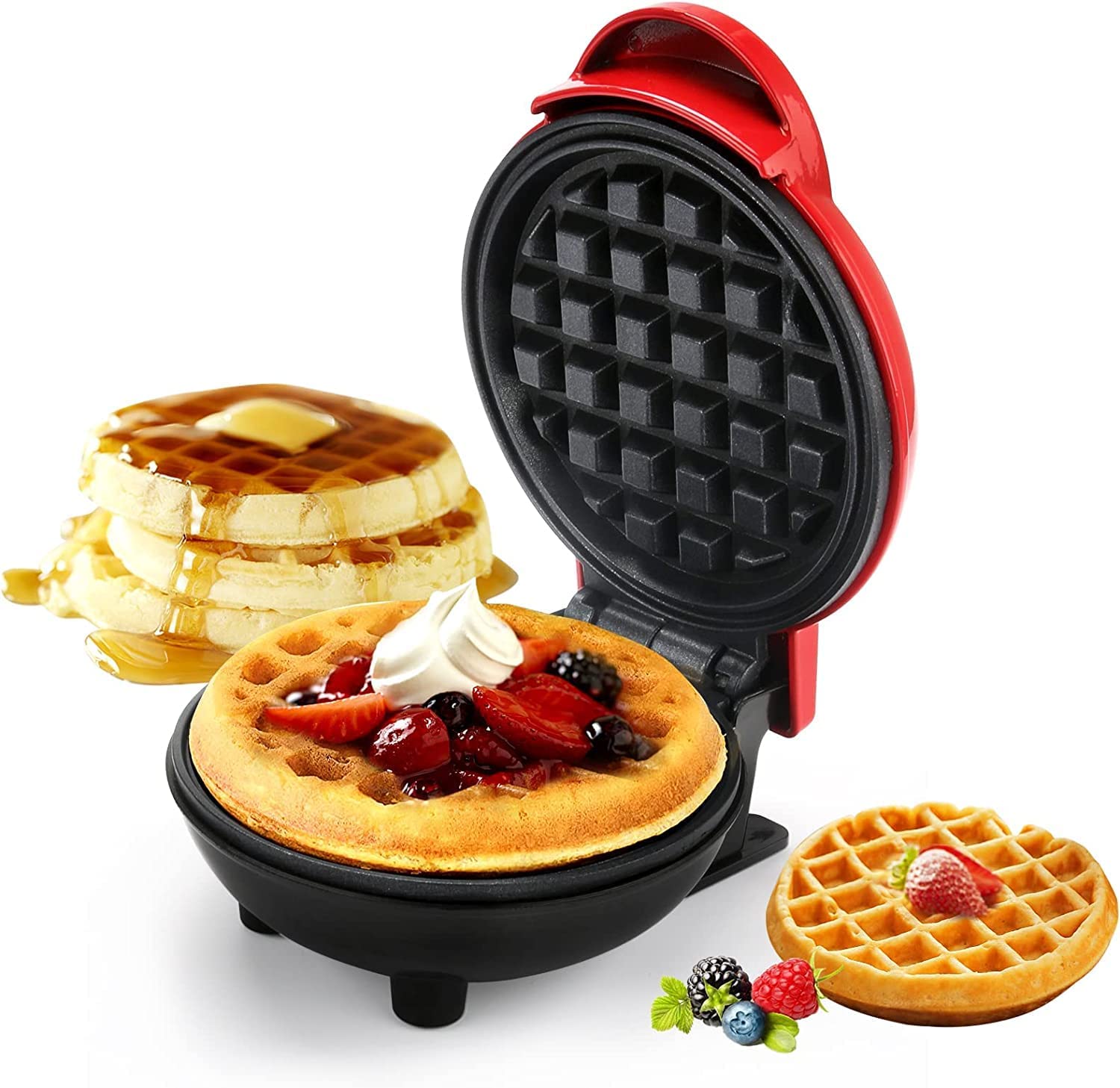 Sellerfoster Mini Waffle Maker Belgian Waffle Maker Small Classic Waffle Maker for Children's Birthdays, Family Parties, Easter or Christmas, Cute and Compact Design, 550 Watts, Red