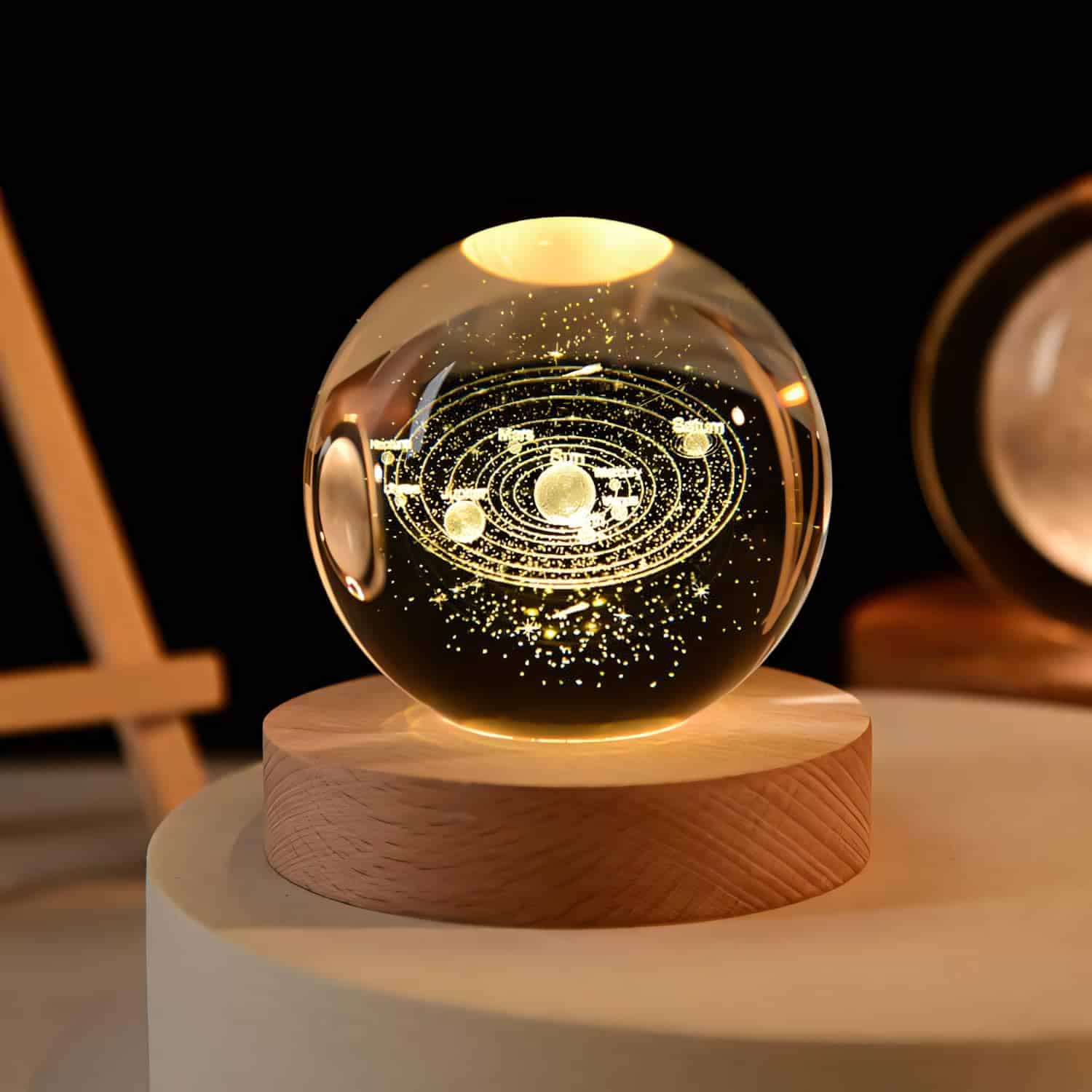 Sellerfoster 3D Galaxy Crystal Ball Night Lamp,Creative Engraved Crystal Ball Night Light, USB Table LED Wooden Crystal Ball for Home Decoration Birthday Gift for Teens, Boys, Girls (Galaxy)(Warm White)