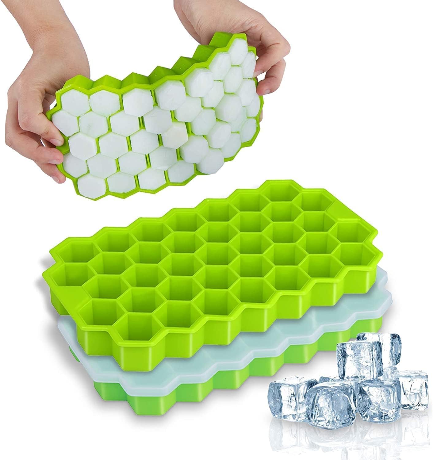 Sellerfoster HONEYCOM with lid - Pack of 1 Silicone Ice Cube Molds, Flexible 37 Ice Trays BPA Free, for Whiskey Cocktail, Stackable and Safe Ice Cube Small Cubes Fridge Bar Soft Tray