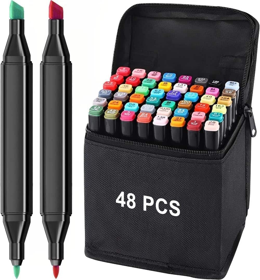 Sellerfoster 48 Pcs Dual Tip Alcohol Markers Set, Non-Toxic Art Supplies For Kids & Adults, Books Pen With Carry Case Set Colour Broad Drawing Sketching (48), Multicolor