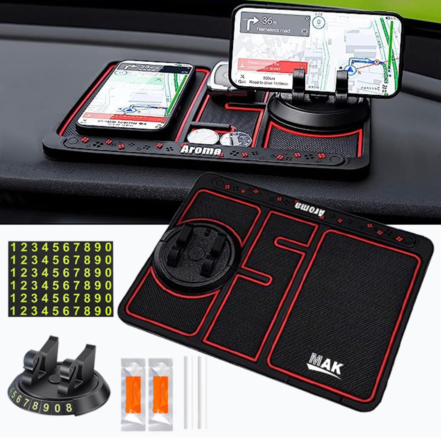 Sellerfoster Anti-Slip Car Dashboard Mat with Phone Holder & Aromatherapy - Universal Non Slip Sticky Rubber Pad with 2 Aroma Sticks for Smartphone, GPS Navigation- Black (Sporty Red)