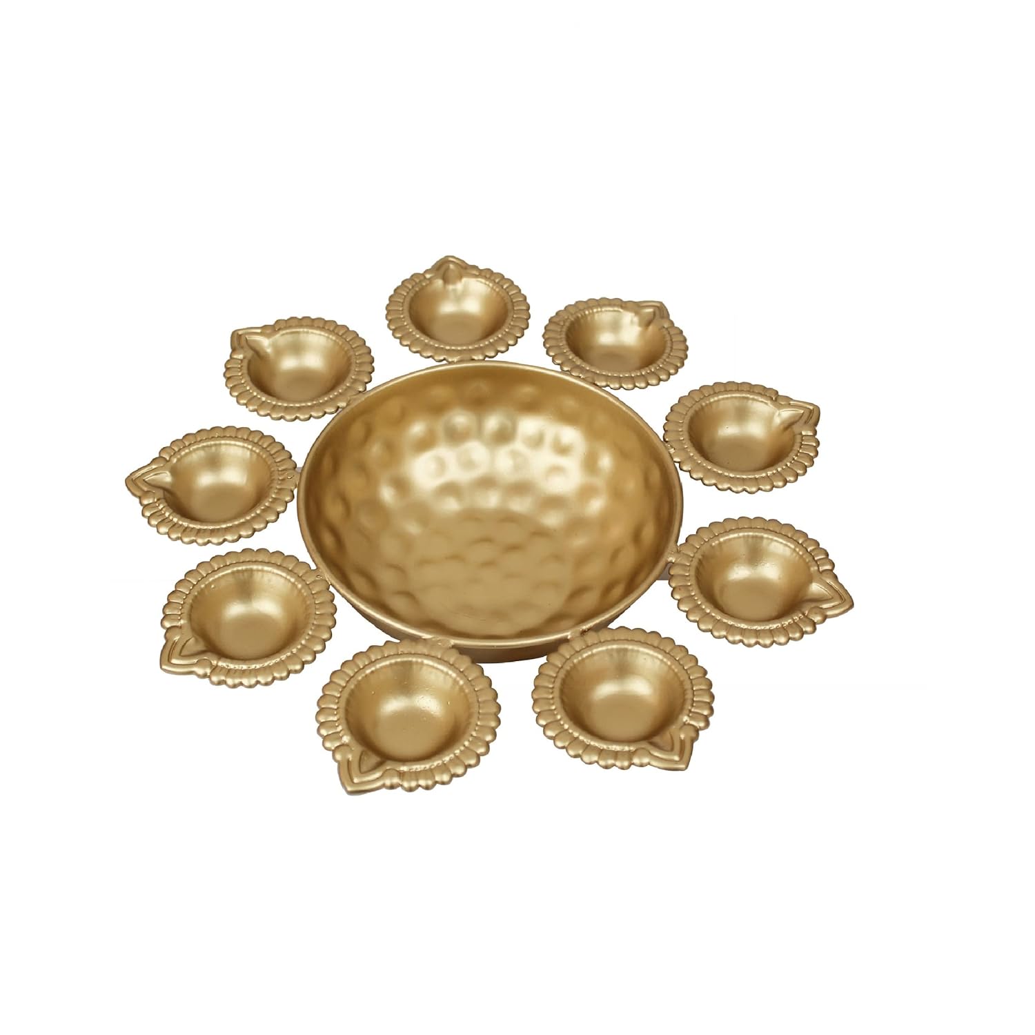 Sellerfoster Urli Bowl with 10 Attached Oil Diyas for Floating Flowers and Tealight Candles (29 cm x 5 cm) - Diwali Decoration Items for Living Room Bedroom Table Pooja Room Office