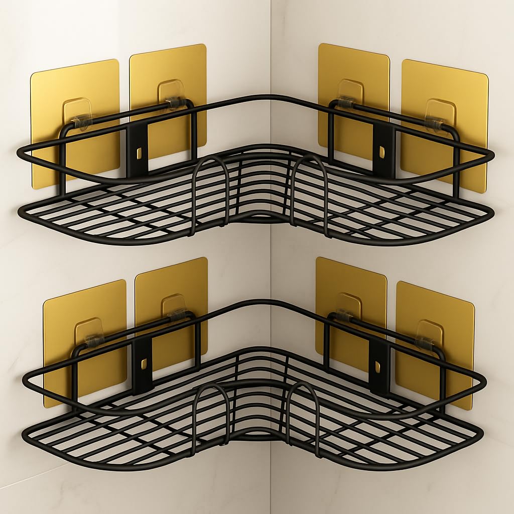 Sellerfoster Wall-Mounted Stainless Steel Shelf with Towel Holder & Hooks ? Chrome Finish Bathroom Organizer for Home & Hotel Use (2Pcs Corner)