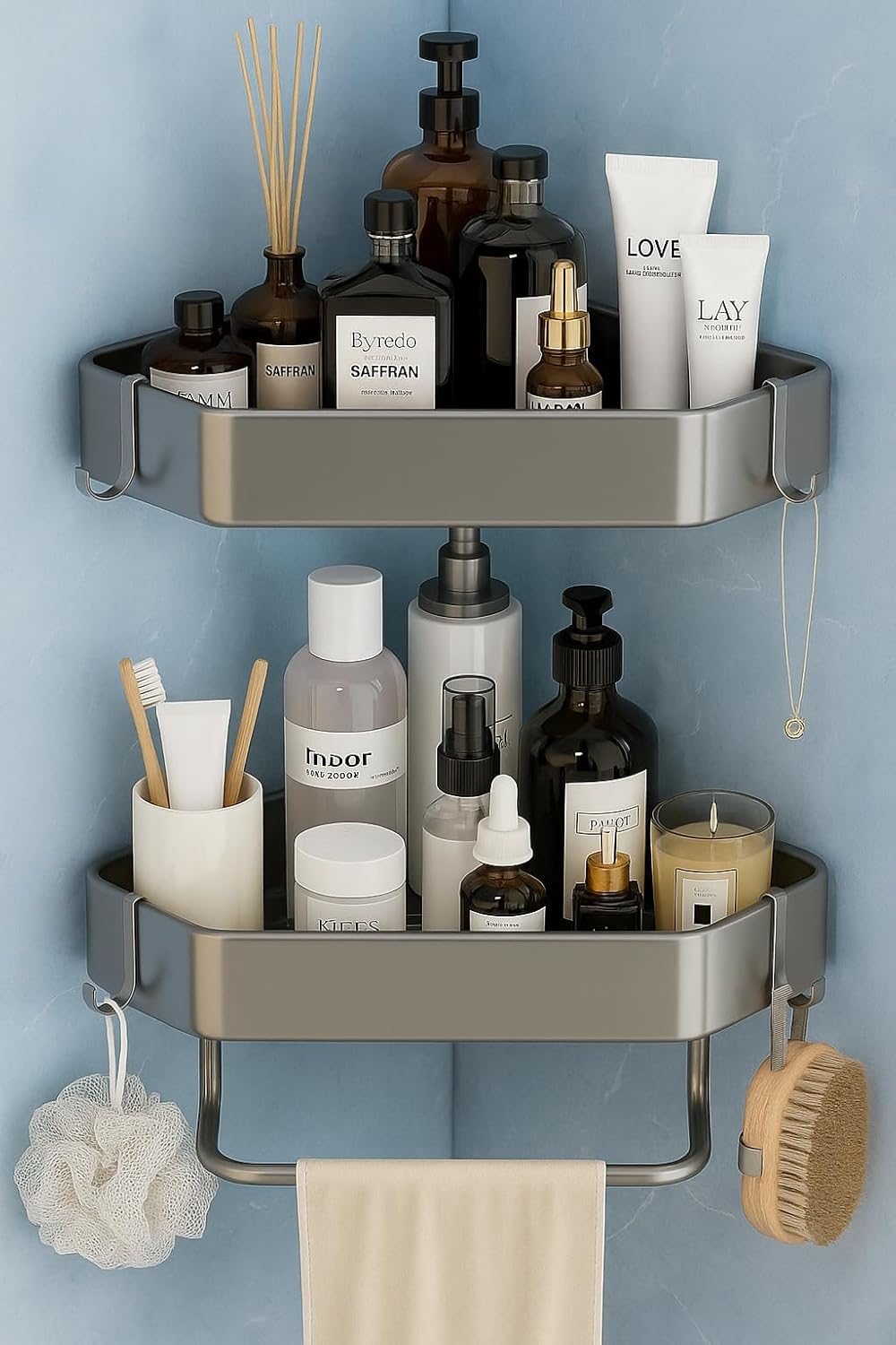 Sellerfoster Wall-Mounted Stainless Steel Shelf with Towel Holder & Hooks ? Chrome Finish Bathroom Organizer for Home & Hotel Use (2 Pcs Bath Shelf)