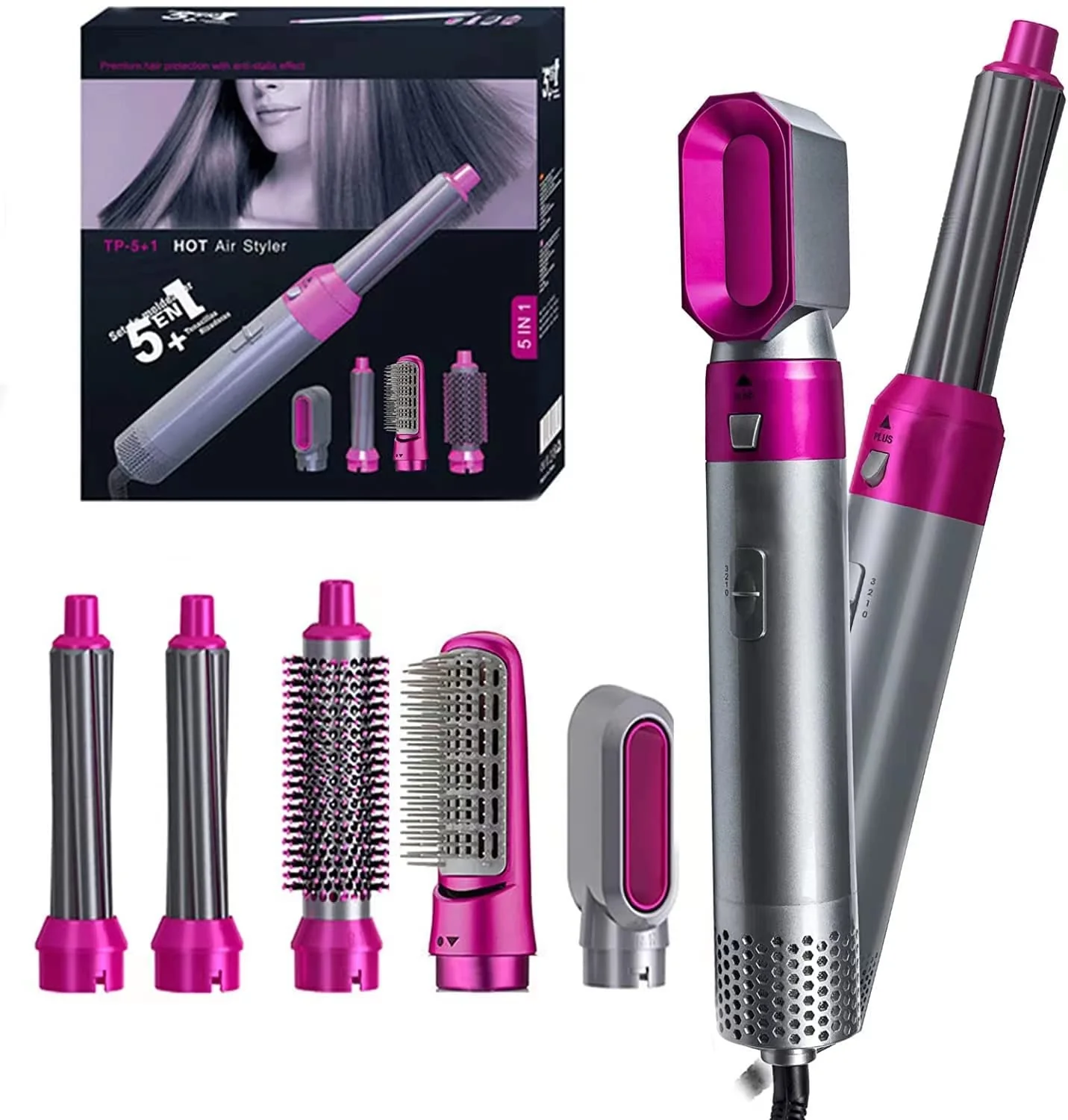 Sellerfoster Hot Air Brush for 5 in 1 Hot Air Styler Hair Dryer Comb Multifunctional Styling Tool Fast Heating Crimper Wand Manual Curler in All Hair Type, Negative Ion Comb for Straightening Special Warranty