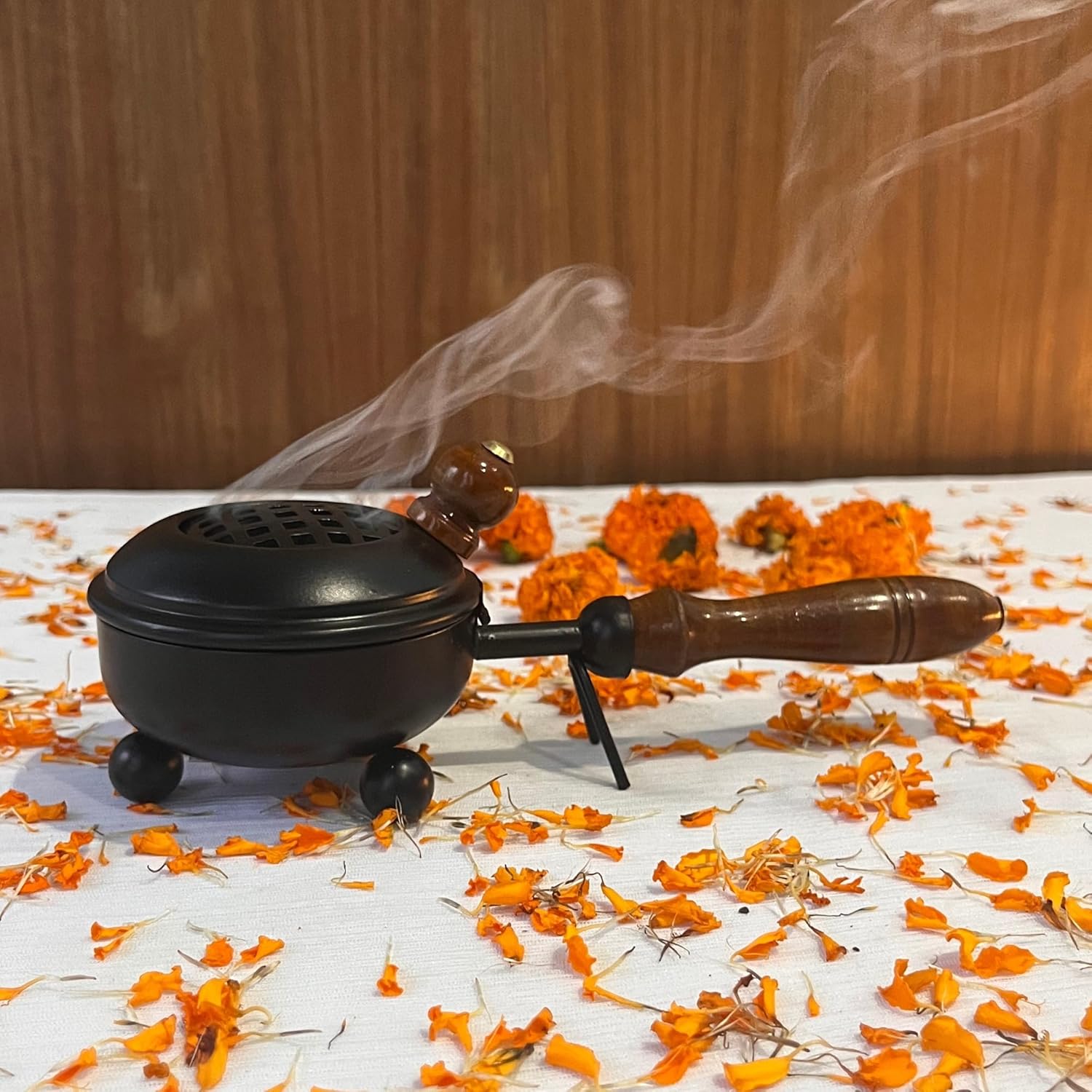Sellerfoster Sambrani Dhoop Dani Dhuni Loban Burner, Charcoal Incense Burner with Wooden Handle for Puja, Home Temple, Home Decor, Office
