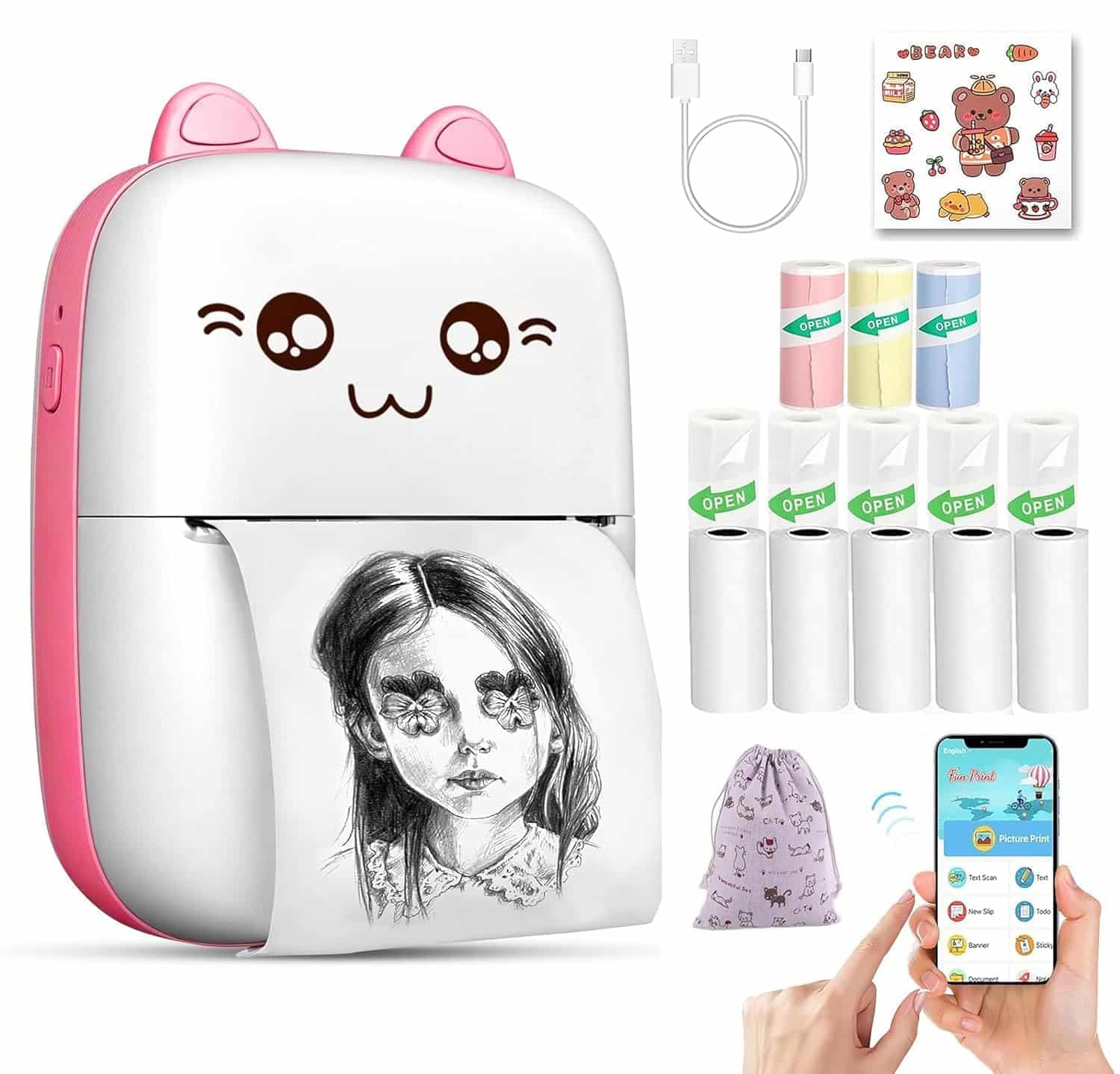 Sellerfoster Mini Portable Pocket Printer with USB Cable- Inkless Instant Printing- Thermal Printer for Note/Photo Web Document Printing- Bluetooth Printer for Android or iOS